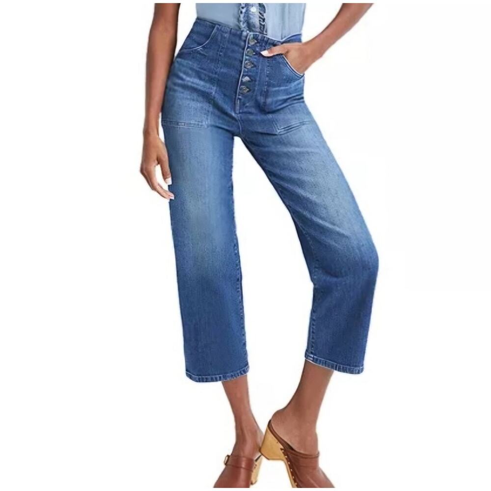 Veronica Beard Crosbie Wide Leg Crop Jeans High Rise Exposed Button Fly 30